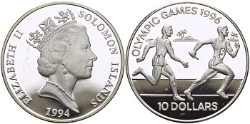Соломоновы острова 10 долларов 1994 XXVI Олимпийские игры 1996 года в Атланте, бег, эстафета KM 53 серебро PROOF 1078-7-24