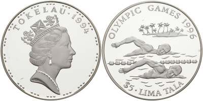 Токелау 5 тала 1994 XXVI олимпийские игры 1996 года в Атланте, плавание KM 19 серебро PROOF 1074-4-62