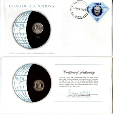 Тонга 5 сенити 1977 конверт с маркой первого дня гашения, Coins of Nations KM 44 медно-никель UNC 4295-18-3
