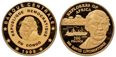 ДР Конго 100 франков 1999 Давид Ливингстон, в слабе PCGS PR 69 DCAM, Probe, пробник KM  позолота  PROOF  15-007-18