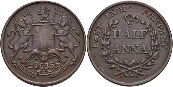 Восточно-Индийская компания 1/2 анна 1835 диаметр 29,7 мм., монетный двор MUMBAI (BOMBAY) KM 447.1 медь    3460-216