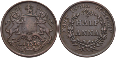Восточно-Индийская компания 1/2 анна 1835 диаметр 29,7 мм., монетный двор MUMBAI (BOMBAY) KM 447.1 медь    3460-216