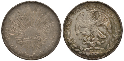 Мексика 8 реалов 1875 МО, монетный двор Zs (Сакатекас), красивая золотисто-голубая патина KM 377.13 серебро 00-803-74
