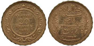 Тунис 20 франков 1904 KM 234 золото 00-809-63