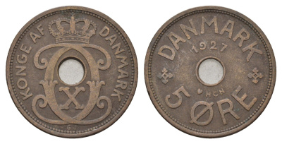 Дания 5 эре 1927 NCH, Кристиан X (1912-1947) KM 828 бронза 4700-812