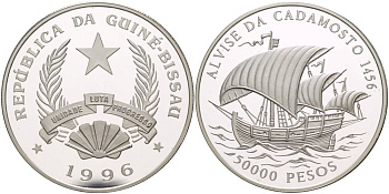 Гвинея-Бисау 50000 песо 1996 Алоизий Када-Мосто, парусник KM 37 серебро PROOF 1081-6-61