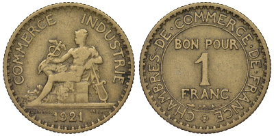 Франция 1 франк 1921 тип Chambres de Commerce KM 876, Le Franc 218.3 алюминиевая бронза 4128-253