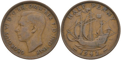 Великобритания 1/2 пенни 1942 Георг VI (1936-1952) KM 844, Spink 4115 бронза 4146-233