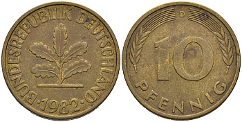 ФРГ 10 пфеннигов 1982 D KM 108, J.383 сталь плакированная латунью 4681-1151