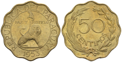 Парагвай 50 сентимо 1953 лев, фригийский колпак на шесте KM 28 алюминиевая бронза  aUNC  4177-737