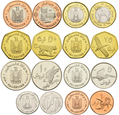 Палестина набор из 8 монет 2010 (1, 5, 10, 25 50 гирш, 1, 2 динара), птицы, две монеты биметалл UNC N2-36