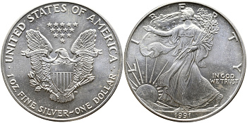 США 1 доллар 1991 шагающая свобода KM 273 серебро UNC 02-222-43