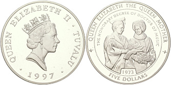 Тувалу 5 долларов 1997 почетная степень доктора музыки у Королевы-матери - 1973 KM 46 серебро PROOF 01-235-12