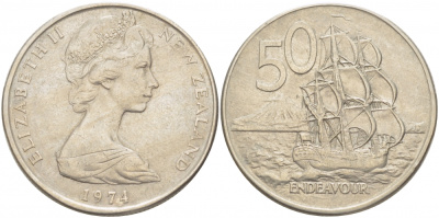 Новая Зеландия 50 центов 1974 Елизавета II (1952-2022), парусник Индевор KM 37.1 медно-никель 215-145