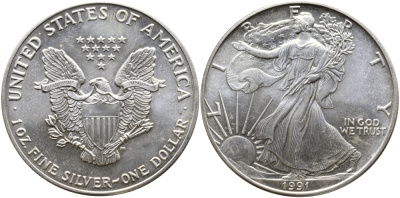 США 1 доллар 1991 шагающая свобода KM 273 серебро UNC 02-222-43