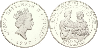 Тувалу 5 долларов 1997 почетная степень доктора музыки у Королевы-матери - 1973 KM 46 серебро PROOF 01-235-12