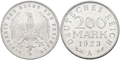 Германия 200 марок 1923 A KM 35, J. 304, Weege 22 алюминий UNC 4586-244