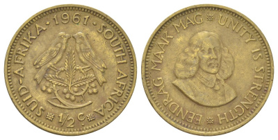 ЮАР 1/2 цента 1961 птички на ветке, Ян ван Райбек KM 56 латунь 4628-1041