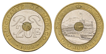 Монако 20 франков 1992 Ренье III (1949-2005) KM 165 триметалл 413-2732