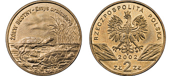 Польша 2 злотых 2002 MW, серия сохраним наш мир, болотные черепахи KM 427 нордик UNC 4526-642