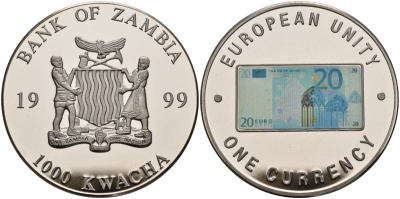 Замбия 1000 квача 1999 серия европейский союз - одна валюта, 20 евро аверс, серебрение KM 124 медь никель цинк 1098-3-41