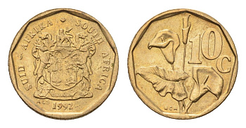 ЮАР 10 центов 1992 герб, цветок алоэ KM 135 сталь плакированная бронзой UNC 4694-648