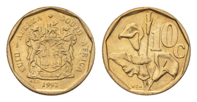 ЮАР 10 центов 1992 герб, цветок алоэ KM 135 сталь плакированная бронзой UNC 4694-648