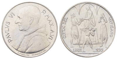 Ватикан 100 лир 1968 MCMLXVIII, год-тип KM 106 нержавеющая сталь UNC 4700-637