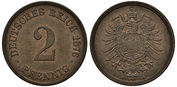 Германия 2 пфеннига 1876 A, старогербовка KM 2, Jager 2, Weege 3 медь 00-00