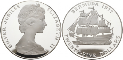 Бермудские острова 25 долларов 1977 CHI, 25 лет правления Елизаветы II, парусник, вес 54,75 гр., тираж 5613 экз. KM 25 серебро PROOF 02-009-22