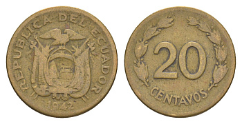 Эквадор 20 сентаво 1942 KM 77.1a латунь 4640-1216