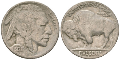 США 5 центов 1936 S, индеец, бизон KM 134 медно-никель 4614-1256