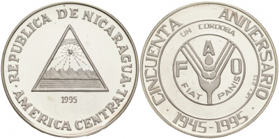 Никарагуа 1 кордоба 1995 50 лет FAO, тираж 2200 экз KM 87 серебро PROOF 02-070-22 M19-7