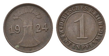 Германия 1 рентенпфенниг 1924 D KM 30, J. 306 бронза 4696-562