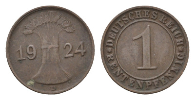 Германия 1 рентенпфенниг 1924 D KM 30, J. 306 бронза 4696-562