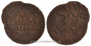Россия деньга 1738 брак монетного двора - двойной удар со смещением КМ 188, Биткин 365 медь 00-818-45