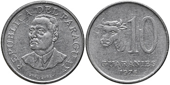 Парагвай 10 гуарни 1976 корова KM 153 нержавеющия сталь 4393-1152