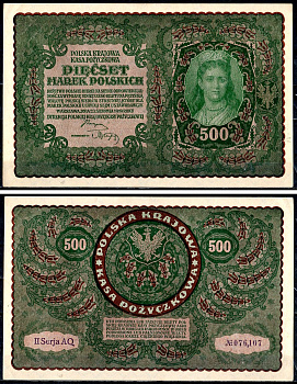 Польша 500 марок 1919 Pick 28 (3) бумага aUNC 439-68-1-1