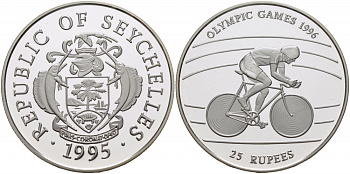 Сейшельские острова 25 рупий 1995 олимпийские игры 1996 года в Атланте, велосипед KM 97 серебро PROOF 1081-5-34