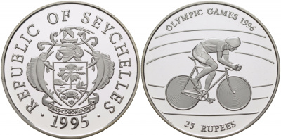 Сейшельские острова 25 рупий 1995 олимпийские игры 1996 года в Атланте, велосипед KM 97 серебро PROOF 1081-5-34