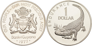Гайана 1 доллар 1977 FAO, 10 лет независимости, кайман KM 42 медно-никель PROOF 00-000-00