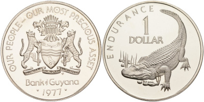 Гайана 1 доллар 1977 FAO, 10 лет независимости, кайман KM 42 медно-никель PROOF 00-000-00