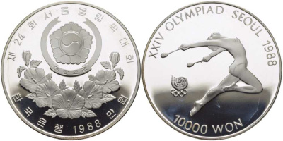 Южная Корея 10000 вон 1988 XXIV Летние Олимпийские игры в Сеуле 1988 года, художественная гимнастика KM 74 серебро PROOF 00-00