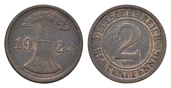 Германия 2 рентенпфеннига 1924 A KM 31, J. 307 бронза 4685-418