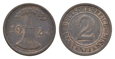 Германия 2 рентенпфеннига 1924 A KM 31, J. 307 бронза 4685-418