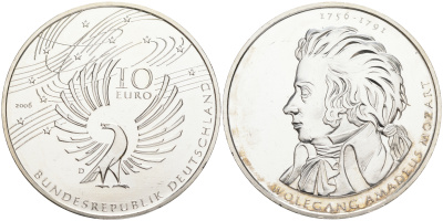 ФРГ 10 евро 2006 D, 250 лет со дня рождения Вольфганга Амадея Моцарта KM 248, DE.S. 10.29 серебро UNC 107-1231