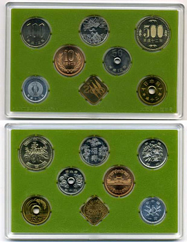 Япония набор из 6 монет +  два жетона 2000 официальный набор в пластиковой упаковке, жетон черепаха и журавль серебро PROOF, жетон миллениум BUNC 2-4-1-09