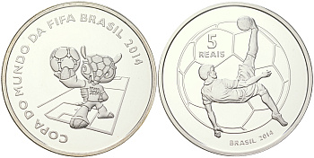 Бразилия 5 реалов 2014 Чемпионат мира по футболу 2014, талисман (маскот) Фулеко, удар через себя, тираж 20.000 экземпляров, в оригинальной коробке, с сертификатом KM 701 серебро  PROOF  8-1-02-04