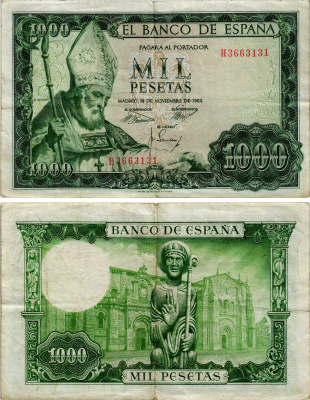 ИСПАНИЯ 1000 ПЕСЕТ 1965 (1971) 19 НОЯБРЯ 1965, СВЯТОЙ ИСИДОР Pick 151 бумага 6281-36-1-2