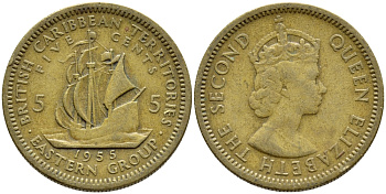 Британские Восточно-Карибские территории 5 центов 1955 Елизавета II (1952-2022), парусник KM 4 никель латунь 4388-135